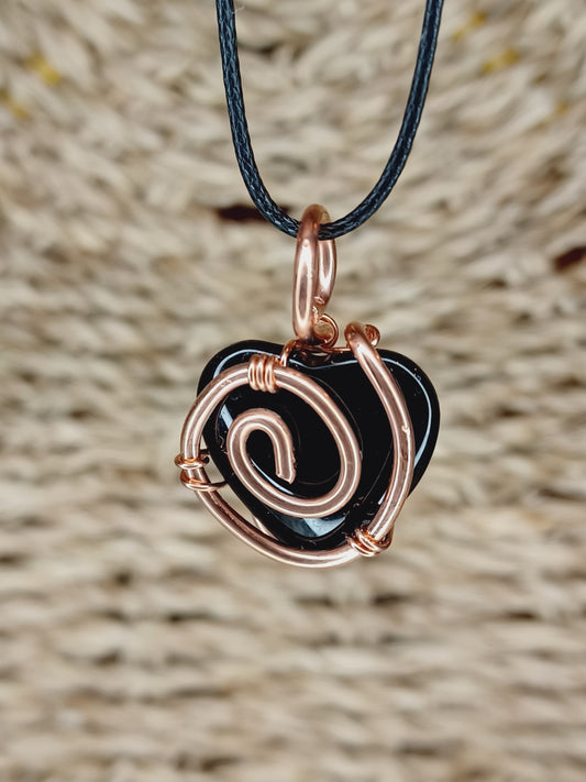 Black Obsidian Heart/Copper Wire-Wrapped Black Obsidian Heart Stone