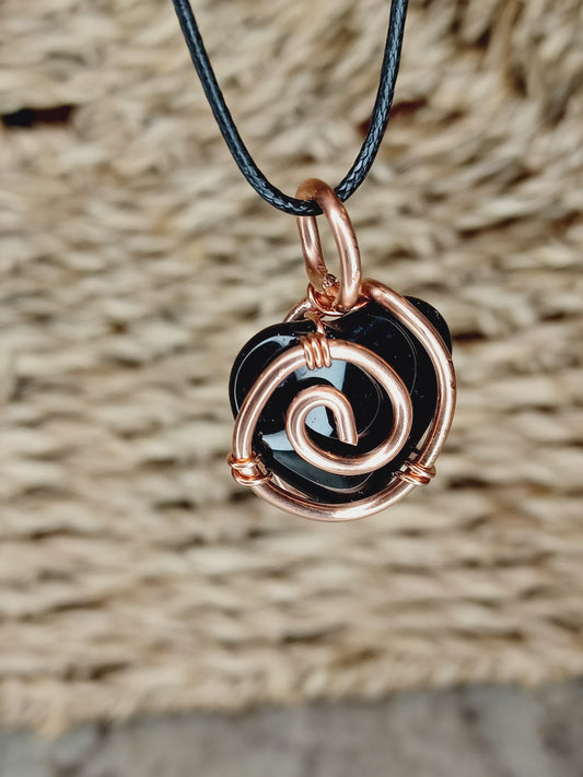 Black Obsidian Heart/Copper Wire-Wrapped Black Obsidian Heart Stone