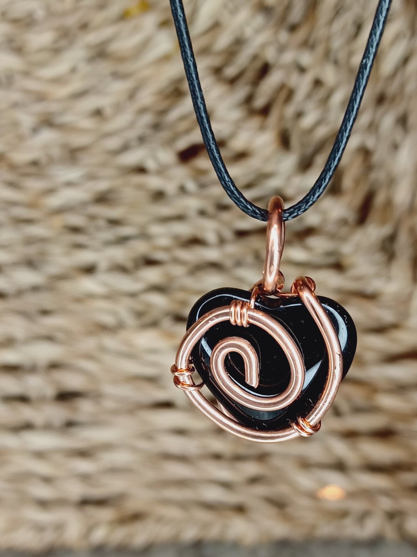 Black Obsidian Heart/Copper Wire-Wrapped Black Obsidian Heart Stone