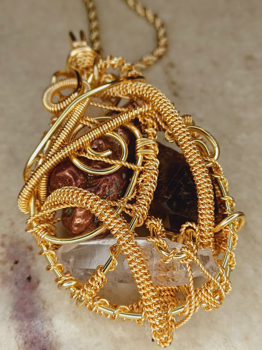 Copper Nugget, Smoky Quartz Point, Clear Quartz Combination Pendant "Flow"