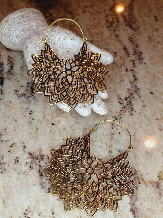 Boho Mandala Brass Flower Hoop Earrings, Mandala Earrings, Tribal Earrings, Brass Earrings, Hoop Earrings, Big Round Earring