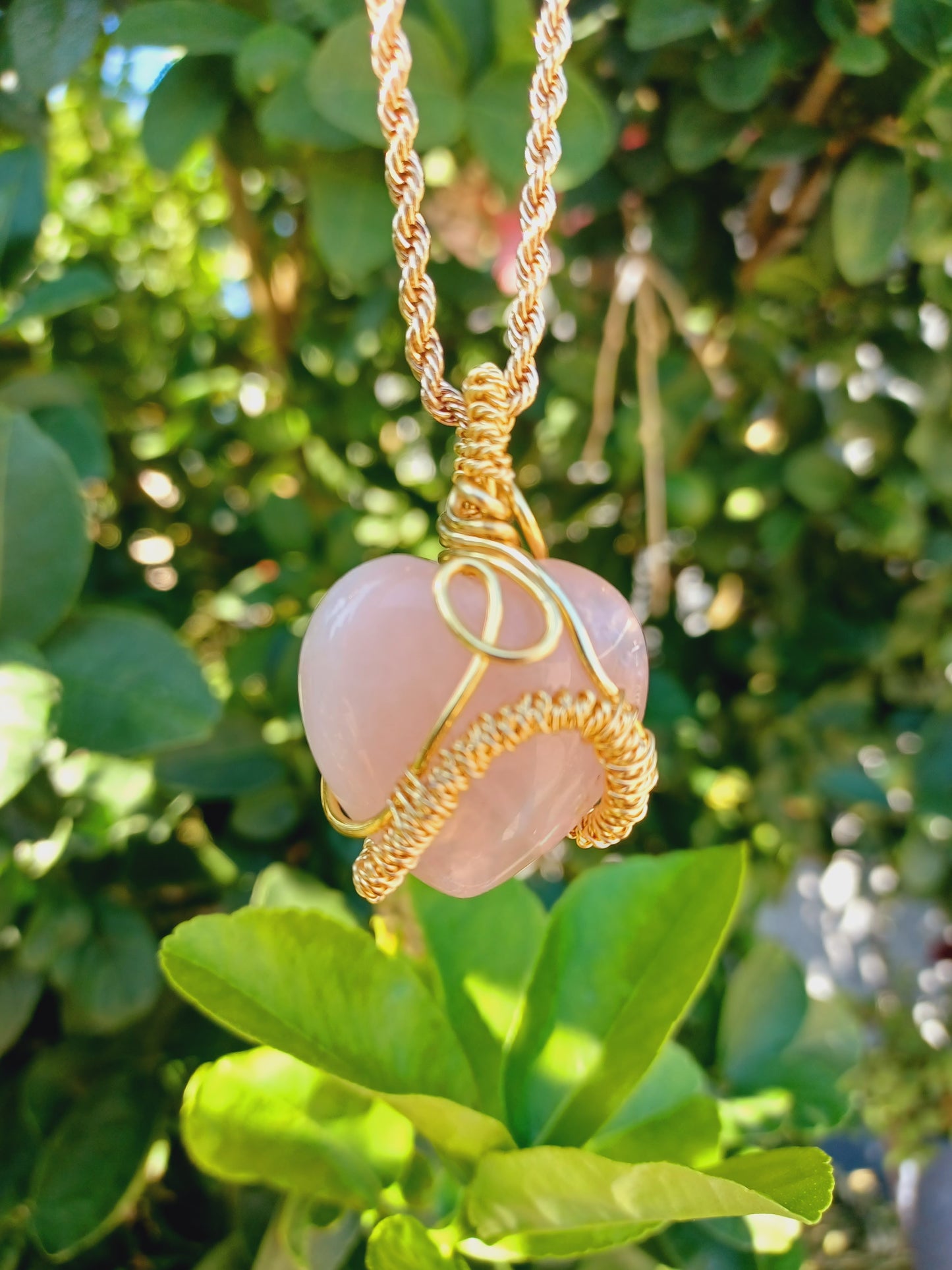 Rose Quartz Puffy Heart Pendant Necklace