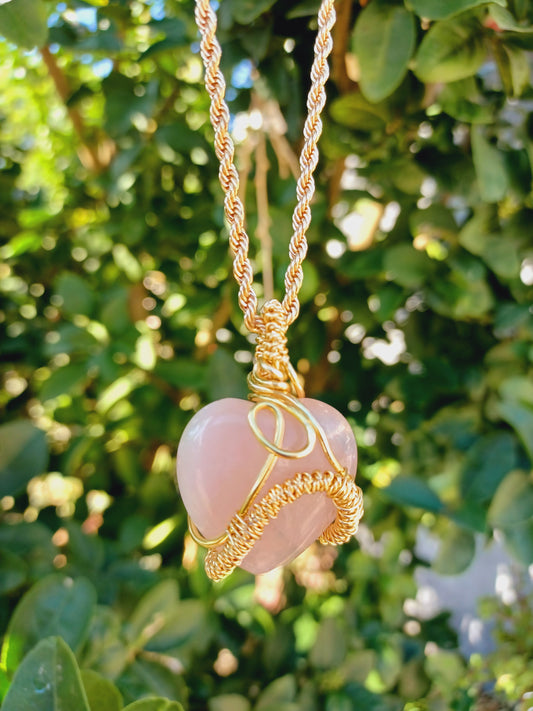 Rose Quartz Puffy Heart Pendant Necklace