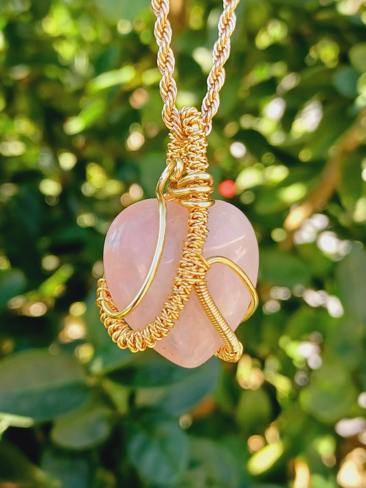 Rose Quartz Puffy Heart Pendant Necklace