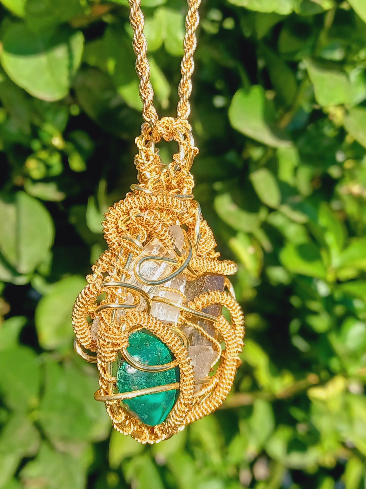 CombinationSmoky Quartz, Malachite, Selenite, Clear Quartz Point Combination Pendant "Flow"