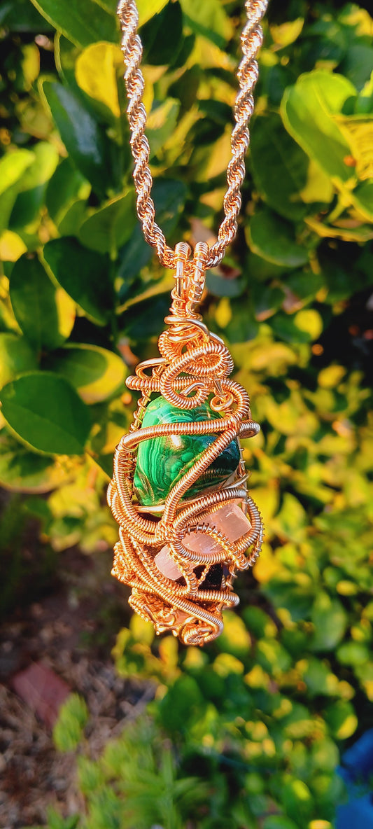 Malachite, Shungite, Selenite,Clear Quartz Point Pendant Necklace