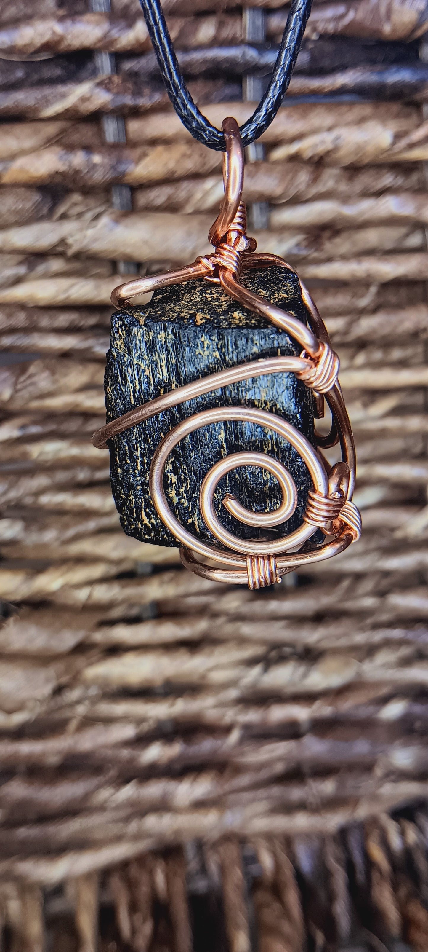 Black Tourmaline Crystal Necklace | Copper Wire Wrapped on Leather Cord | Grounding Protection Jewelry