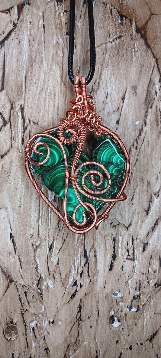 Handmade Malachite Copper Wire Wrapped Heart Pendant – One of One