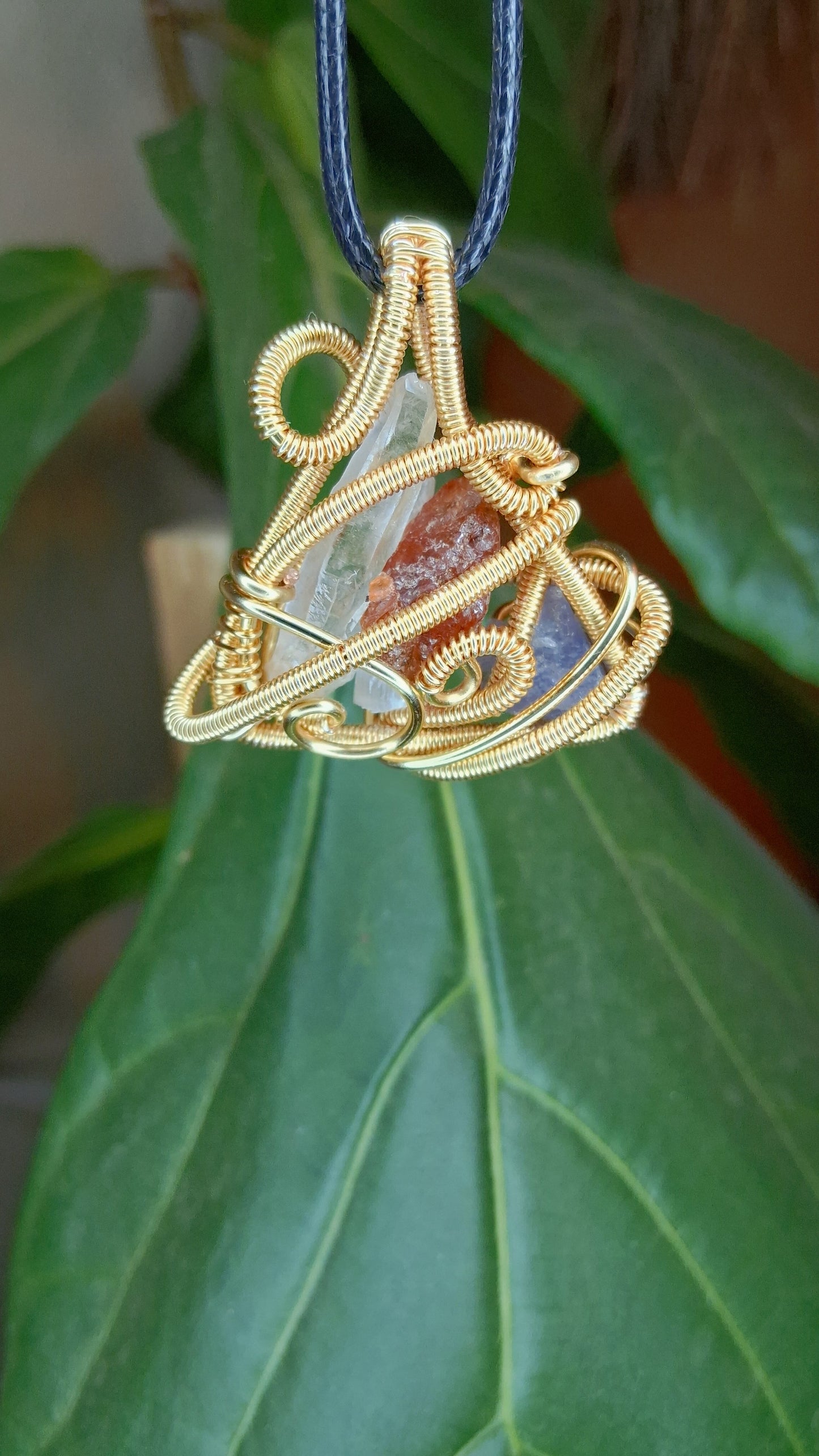 Sacred Element Triangle Pendant- Garnet, Quartz, Selenite, Tanzanite