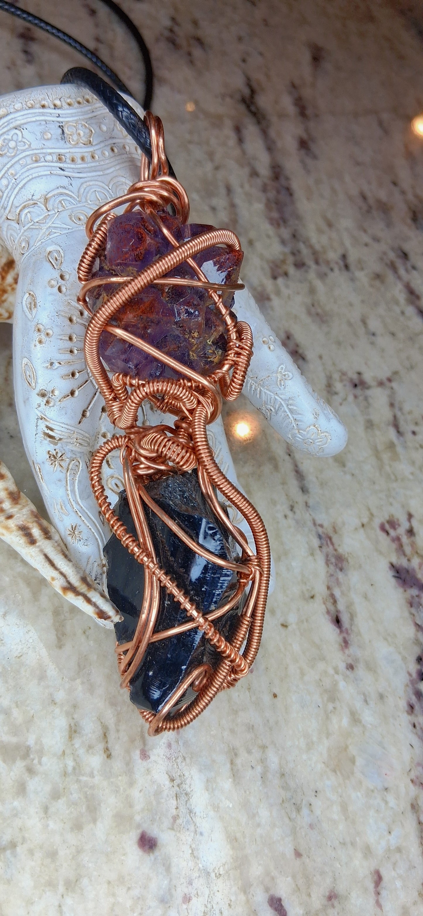 Auralite-23 and Black Obsidian Combination Copper Pendant