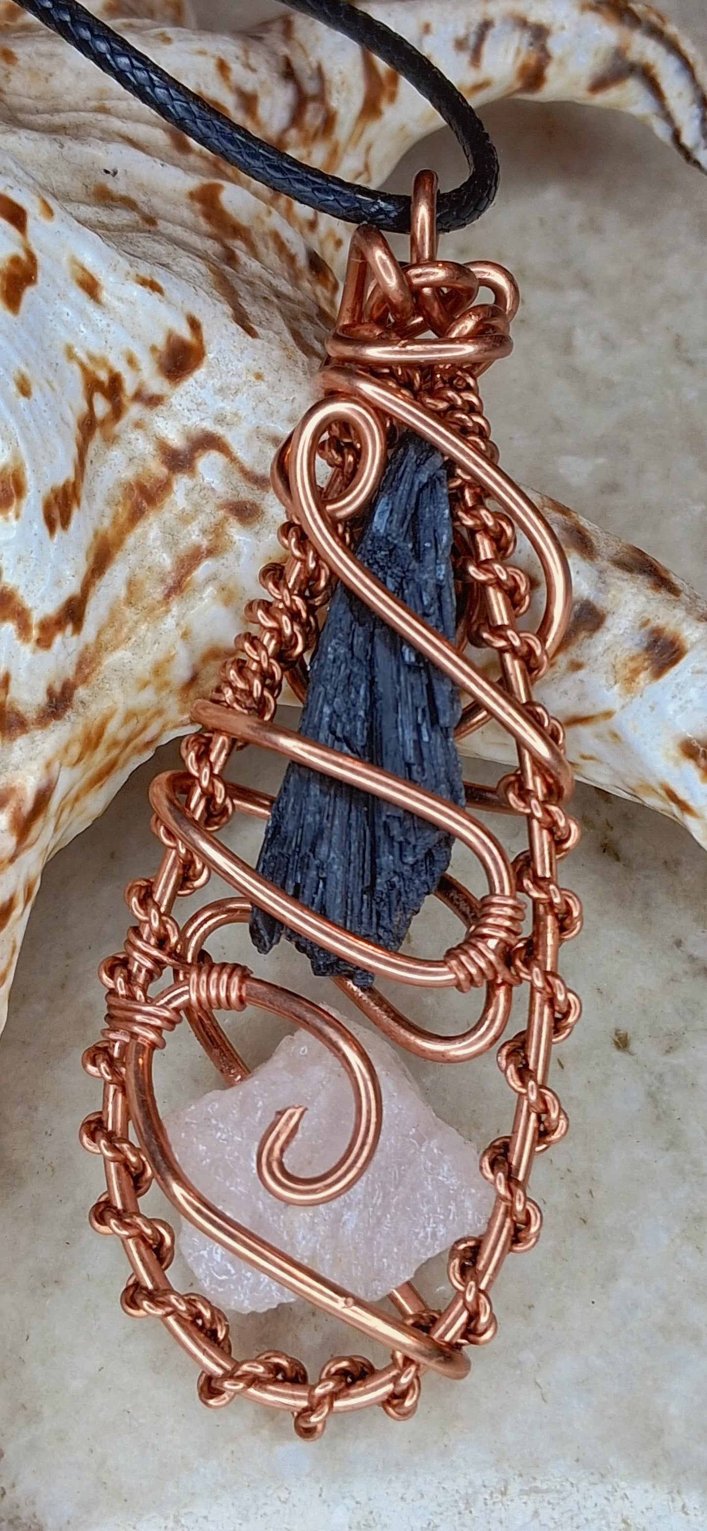 Kyanite & Rose Quartz Copper Wrapped Pendant – Balance & Heart Alignment