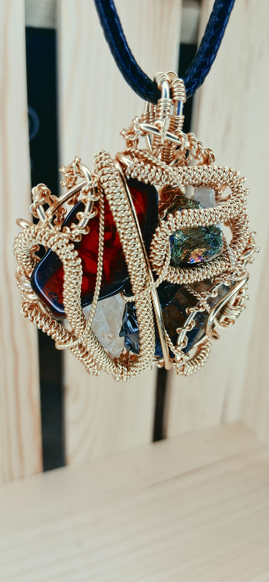 Root & Rise Pendant-Amber, Rainbow Bornite, Smoky Quartz, Obsidian,Clear Quartz, Selenite Crystal Combination