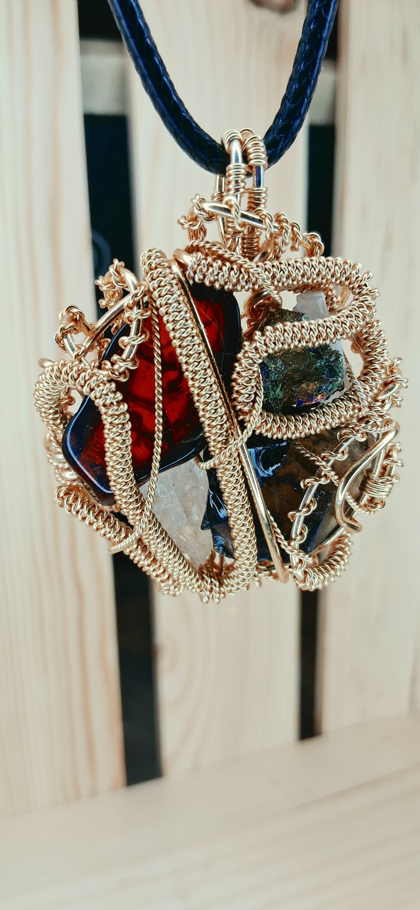 Root & Rise Pendant-Amber, Rainbow Bornite, Smoky Quartz, Obsidian,Clear Quartz, Selenite Crystal Combination