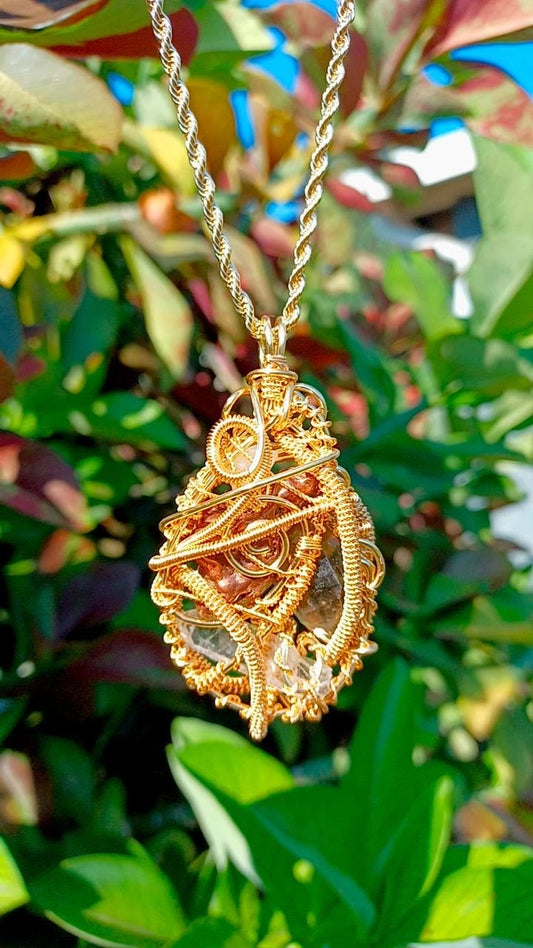 Copper Nugget, Smoky Quartz Point, Clear Quartz Combination Pendant "Flow"