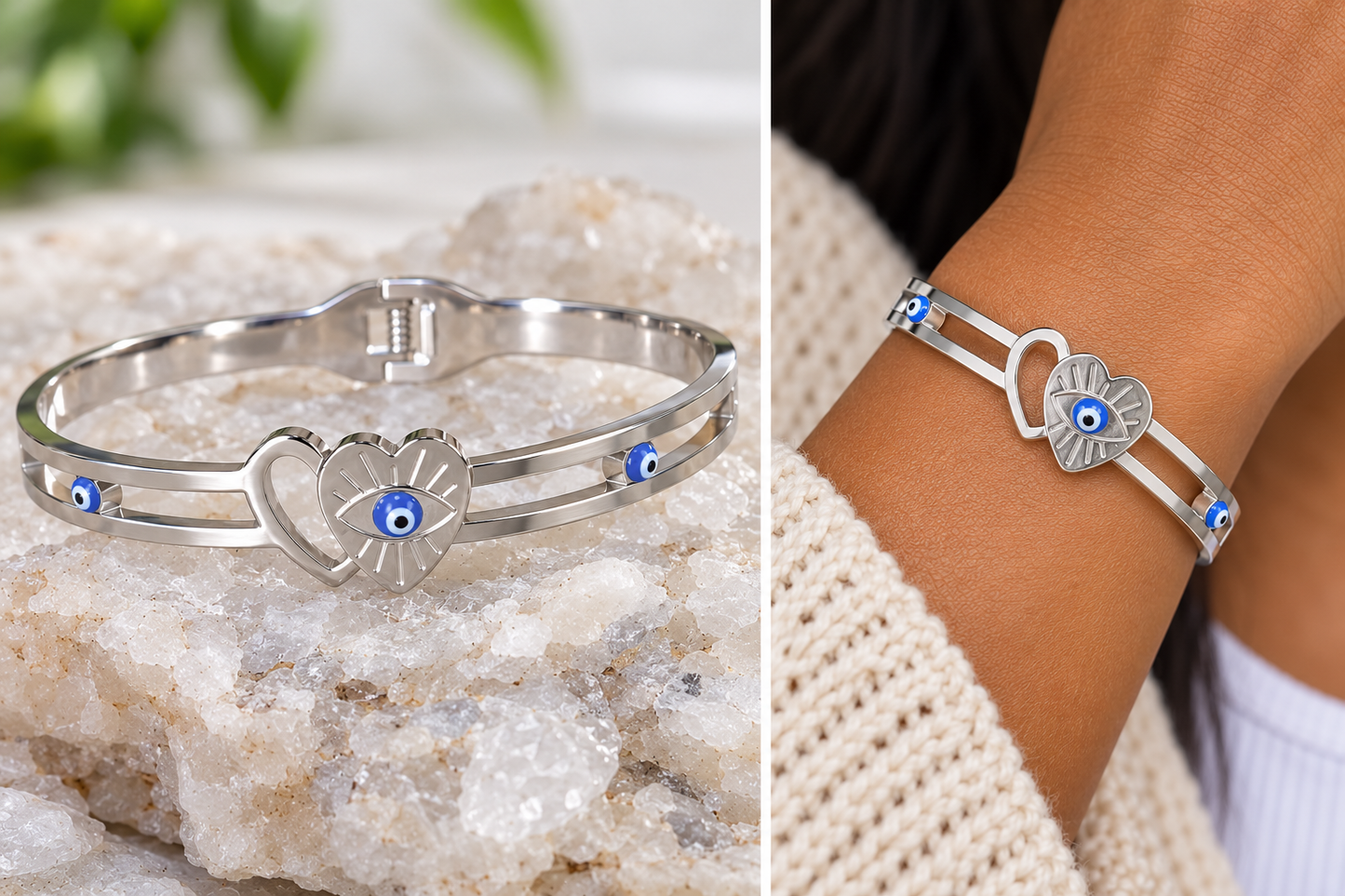 ✨ Evil Eye Heart Bracelet — Silver Tone & Gold Tone