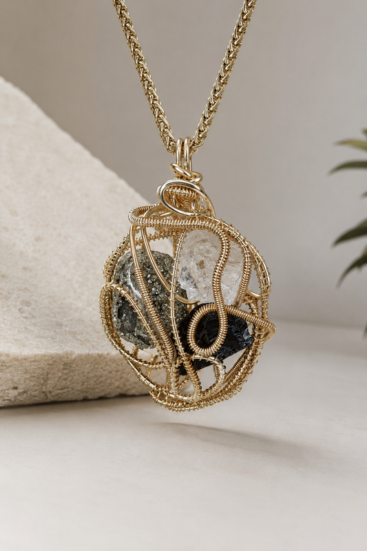 Forge Within Pendant/Pyrite • Black Obsidian • Clear Quartz Pendant