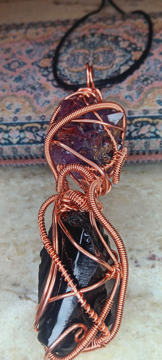 Auralite-23 and Black Obsidian Combination Copper Pendant