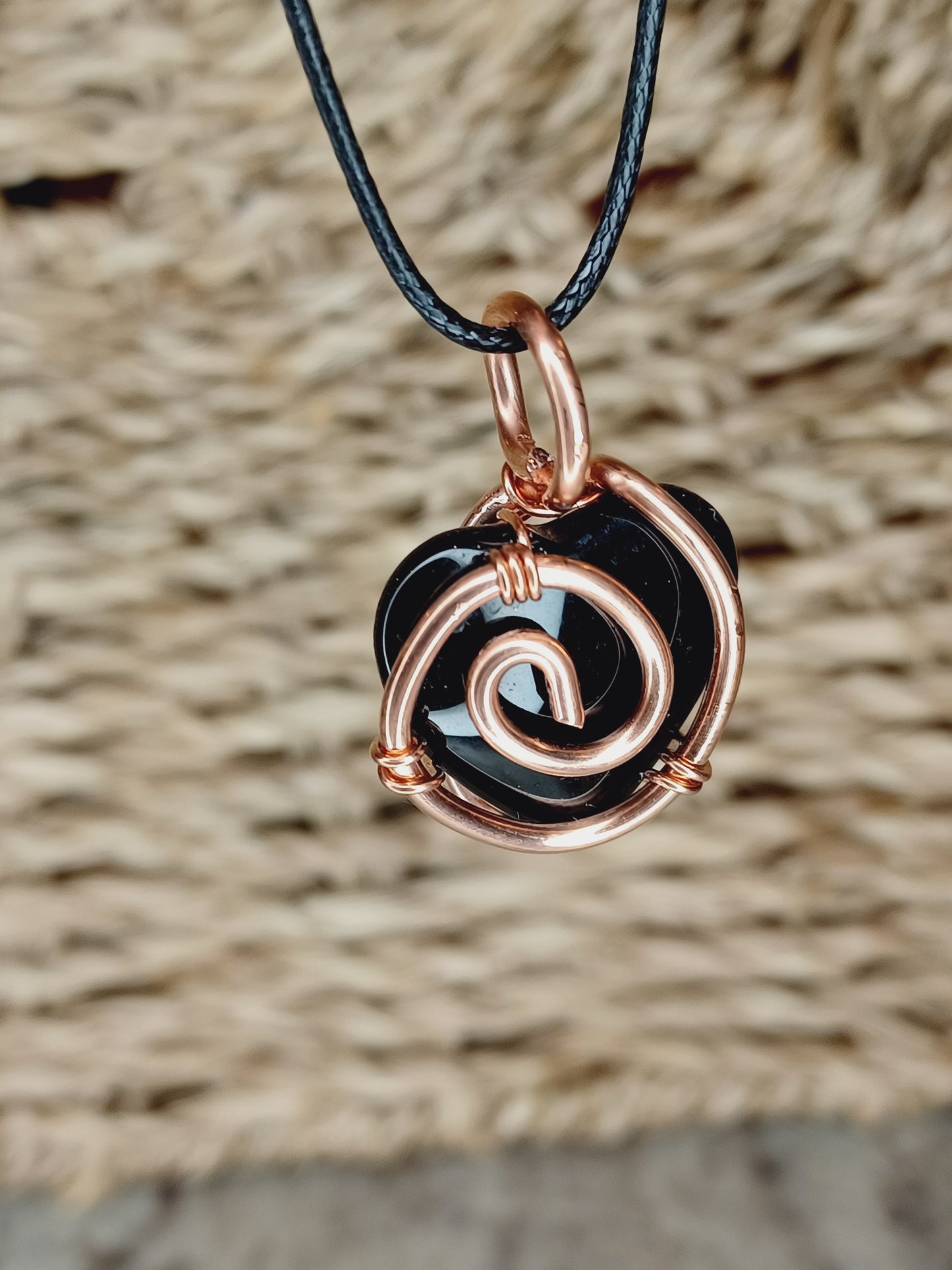 Black Obsidian Heart/Copper Wire-Wrapped Black Obsidian Heart Stone