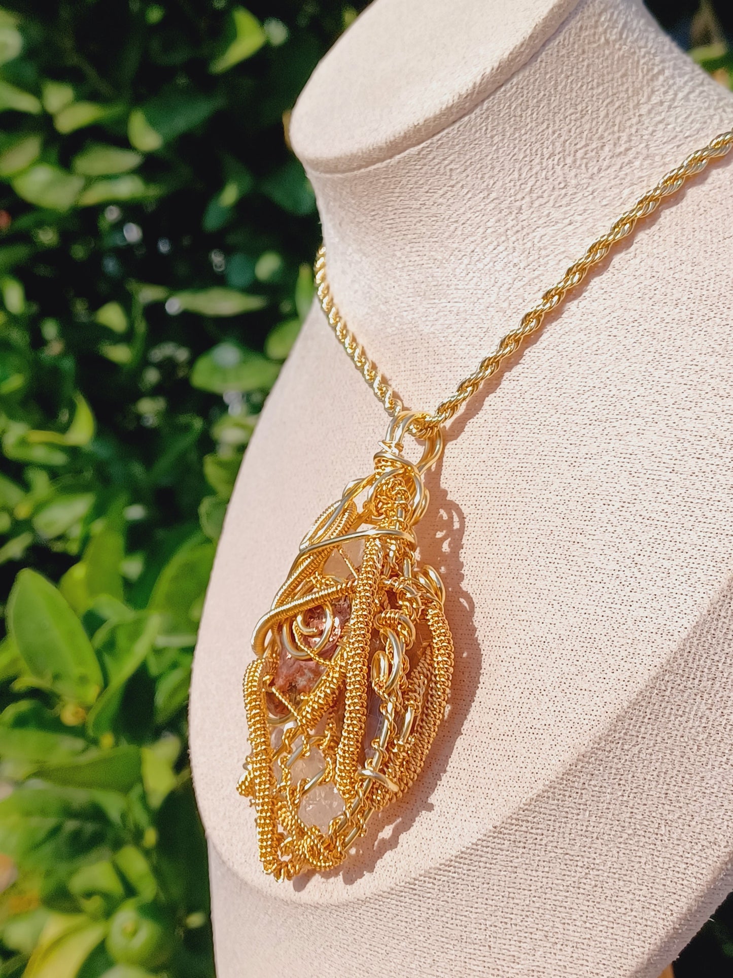 Copper Nugget, Smoky Quartz Point, Clear Quartz Combination Pendant "Flow"