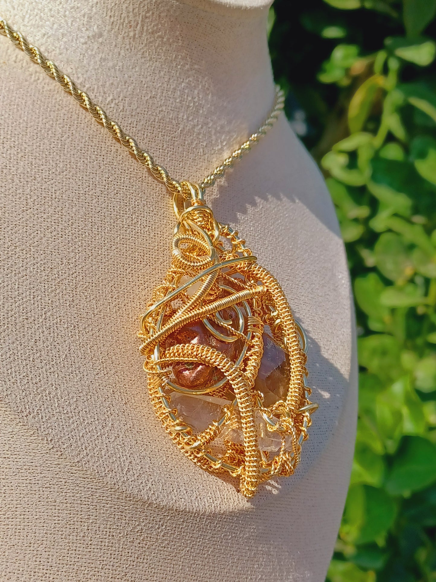 Copper Nugget, Smoky Quartz Point, Clear Quartz Combination Pendant "Flow"