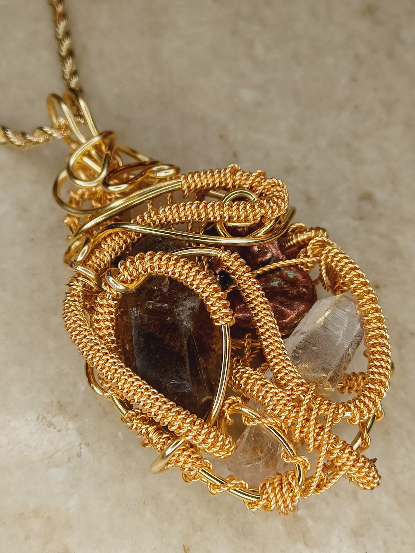 Copper Nugget, Smoky Quartz Point, Clear Quartz Combination Pendant "Flow"