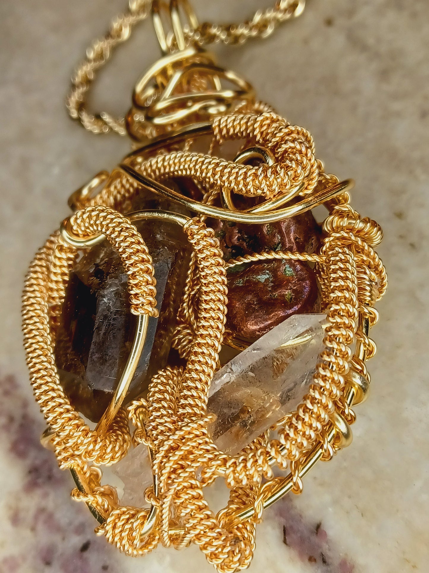 Copper Nugget, Smoky Quartz Point, Clear Quartz Combination Pendant "Flow"