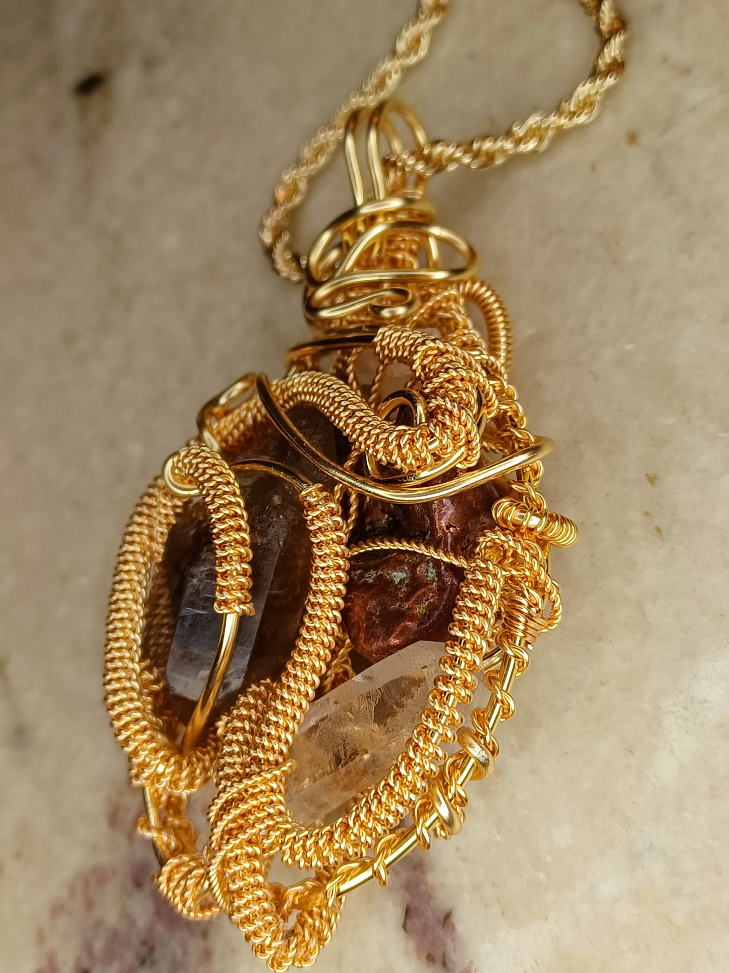 Copper Nugget, Smoky Quartz Point, Clear Quartz Combination Pendant "Flow"
