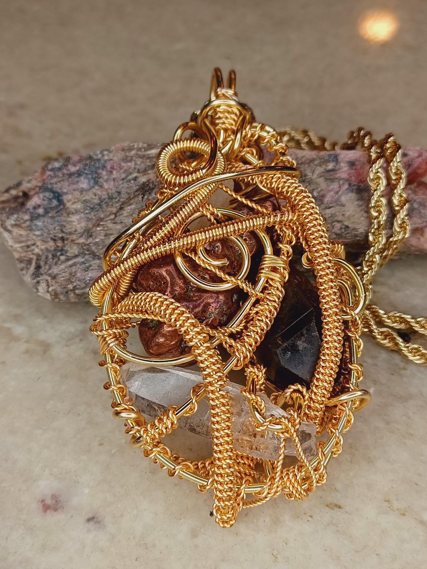Copper Nugget, Smoky Quartz Point, Clear Quartz Combination Pendant "Flow"