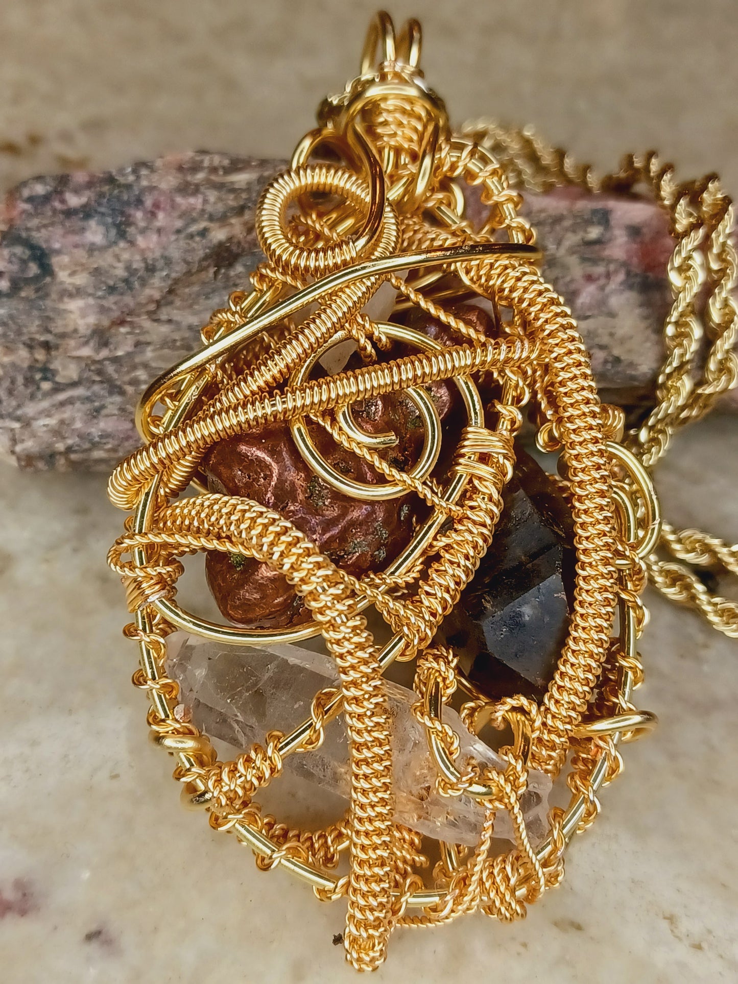 Copper Nugget, Smoky Quartz Point, Clear Quartz Combination Pendant "Flow"