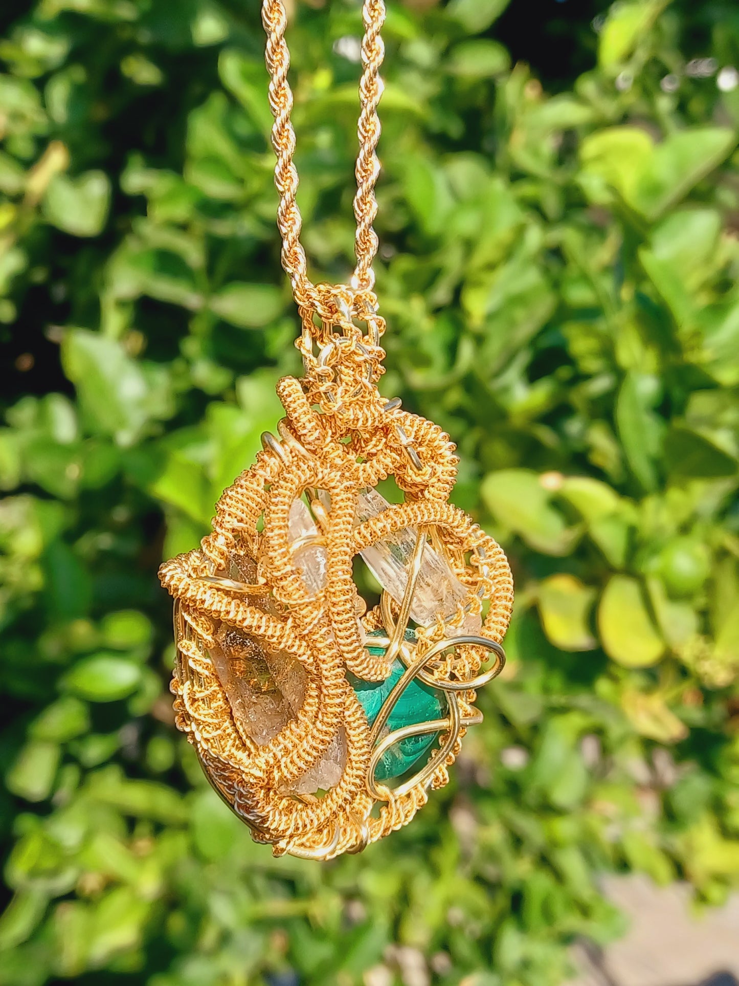 CombinationSmoky Quartz,  Malachite, Selenite, Clear Quartz Point Combination Pendant "Flow"