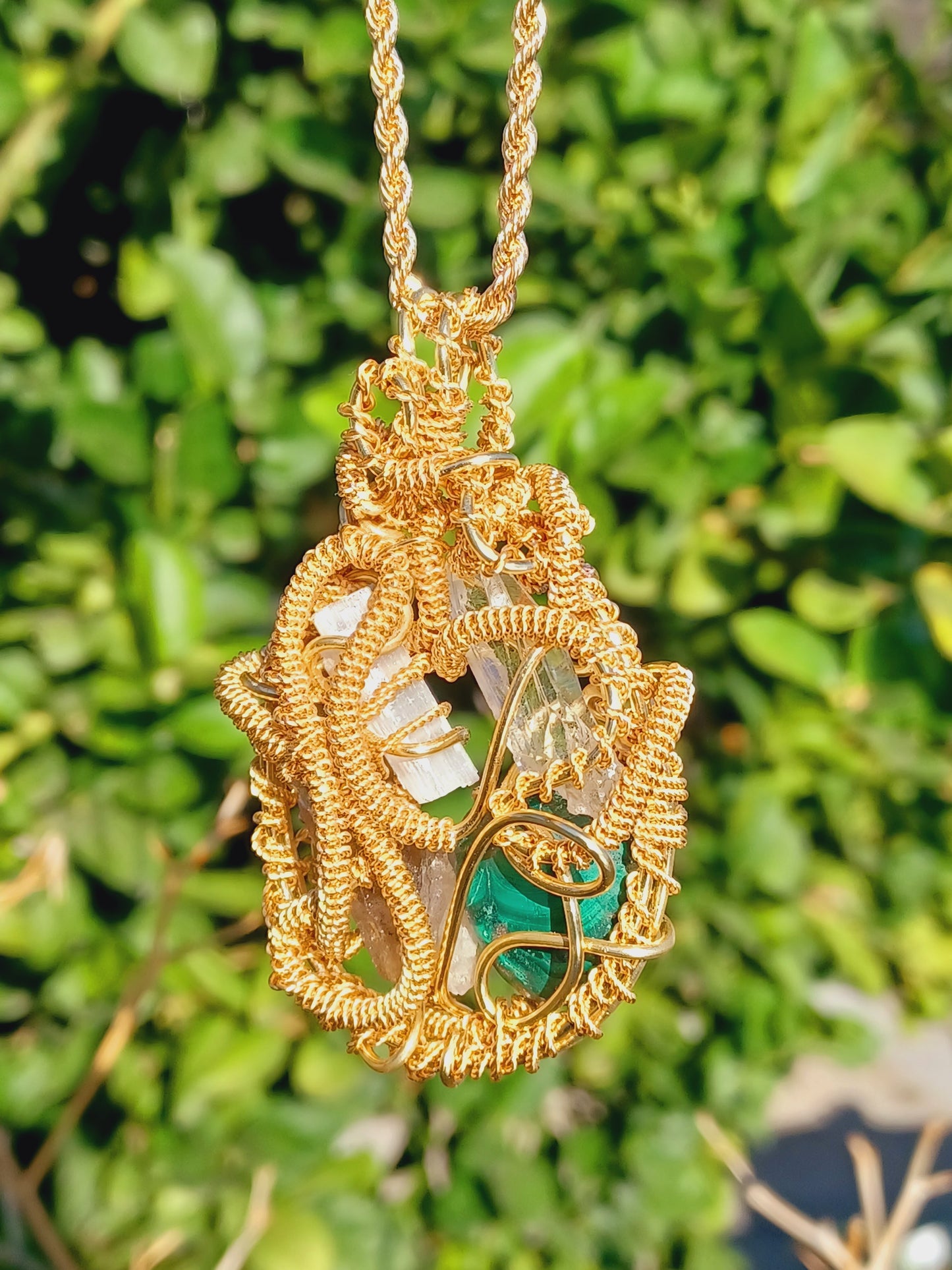 CombinationSmoky Quartz,  Malachite, Selenite, Clear Quartz Point Combination Pendant "Flow"