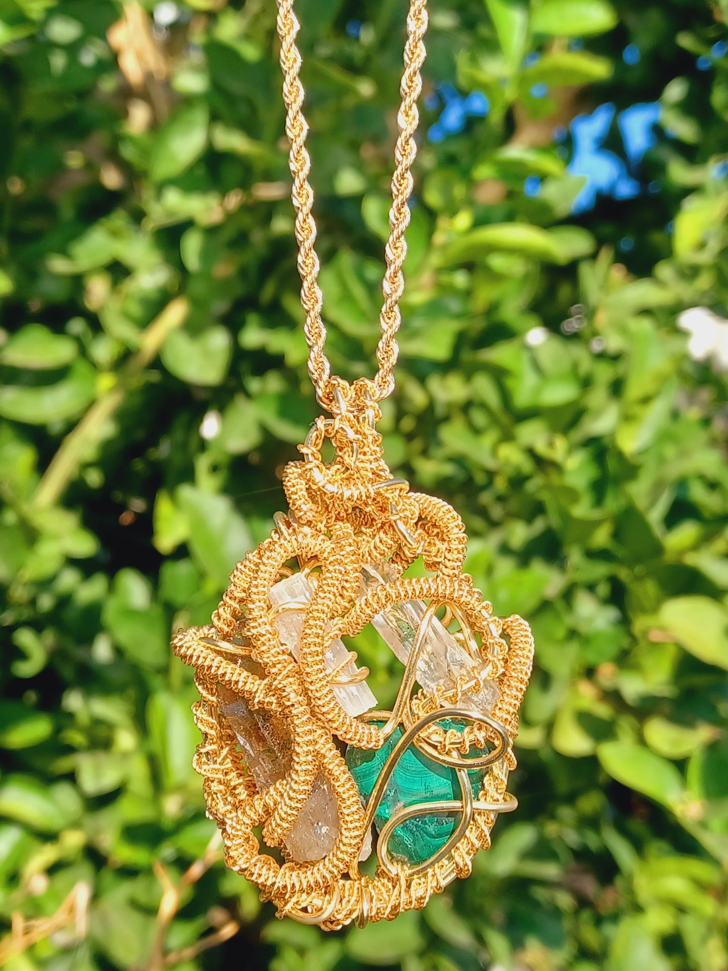 CombinationSmoky Quartz,  Malachite, Selenite, Clear Quartz Point Combination Pendant "Flow"