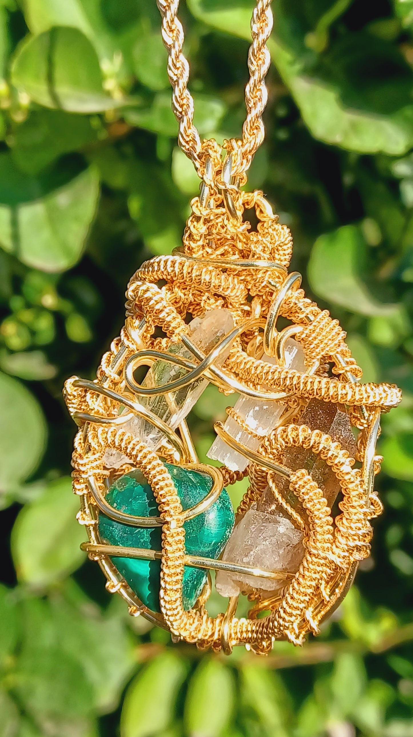 CombinationSmoky Quartz,  Malachite, Selenite, Clear Quartz Point Combination Pendant "Flow"