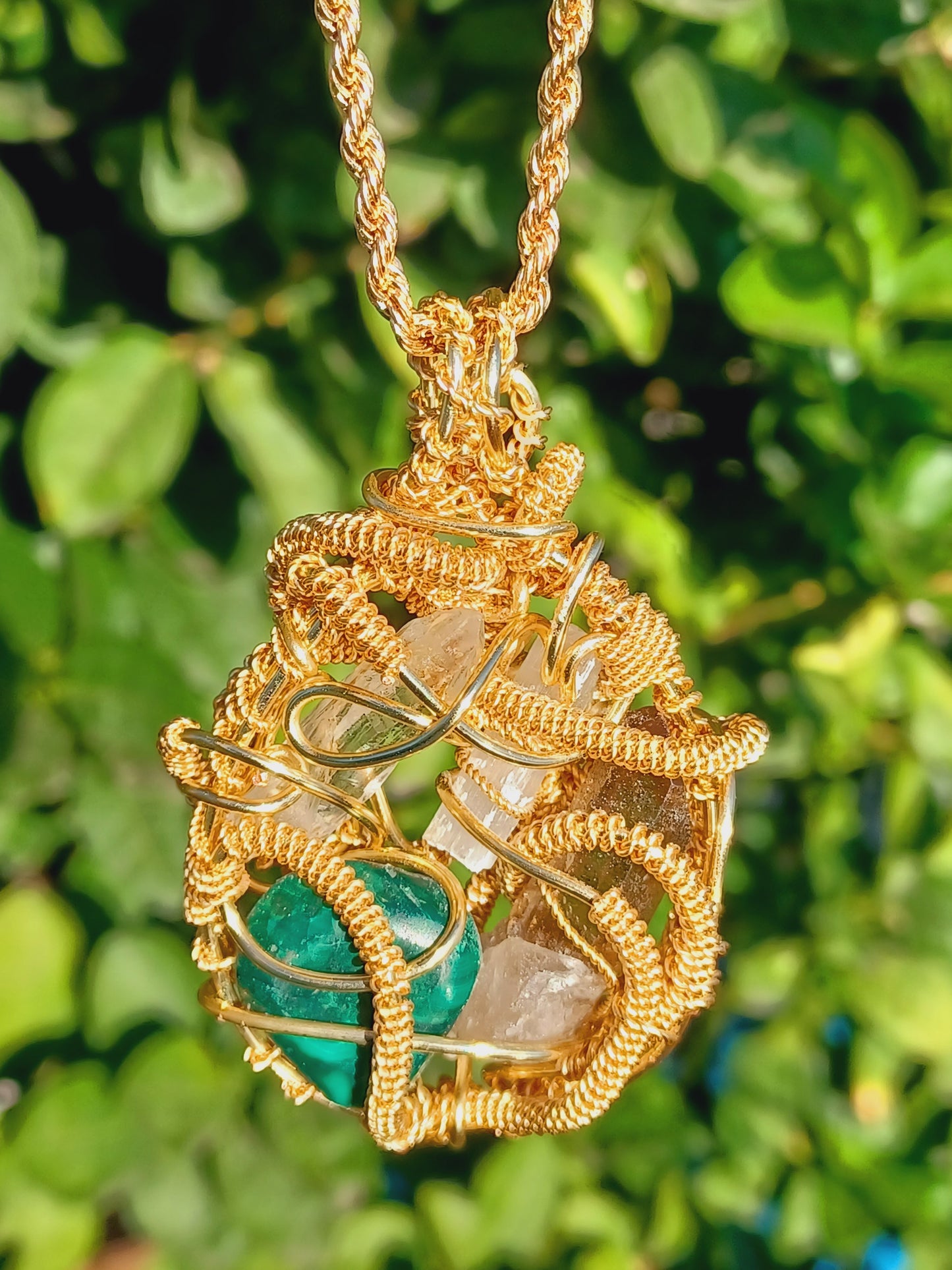 CombinationSmoky Quartz,  Malachite, Selenite, Clear Quartz Point Combination Pendant "Flow"