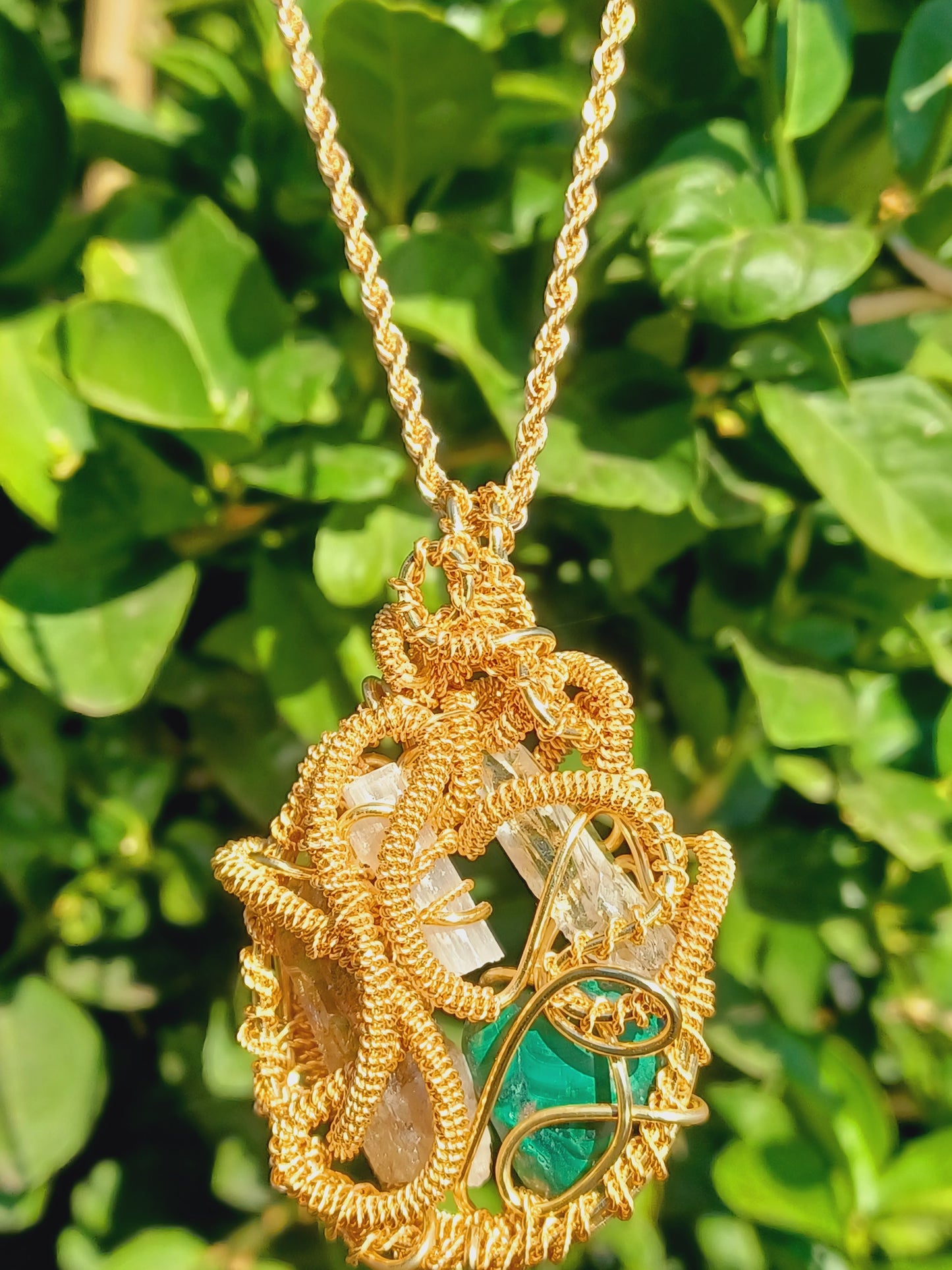 CombinationSmoky Quartz,  Malachite, Selenite, Clear Quartz Point Combination Pendant "Flow"