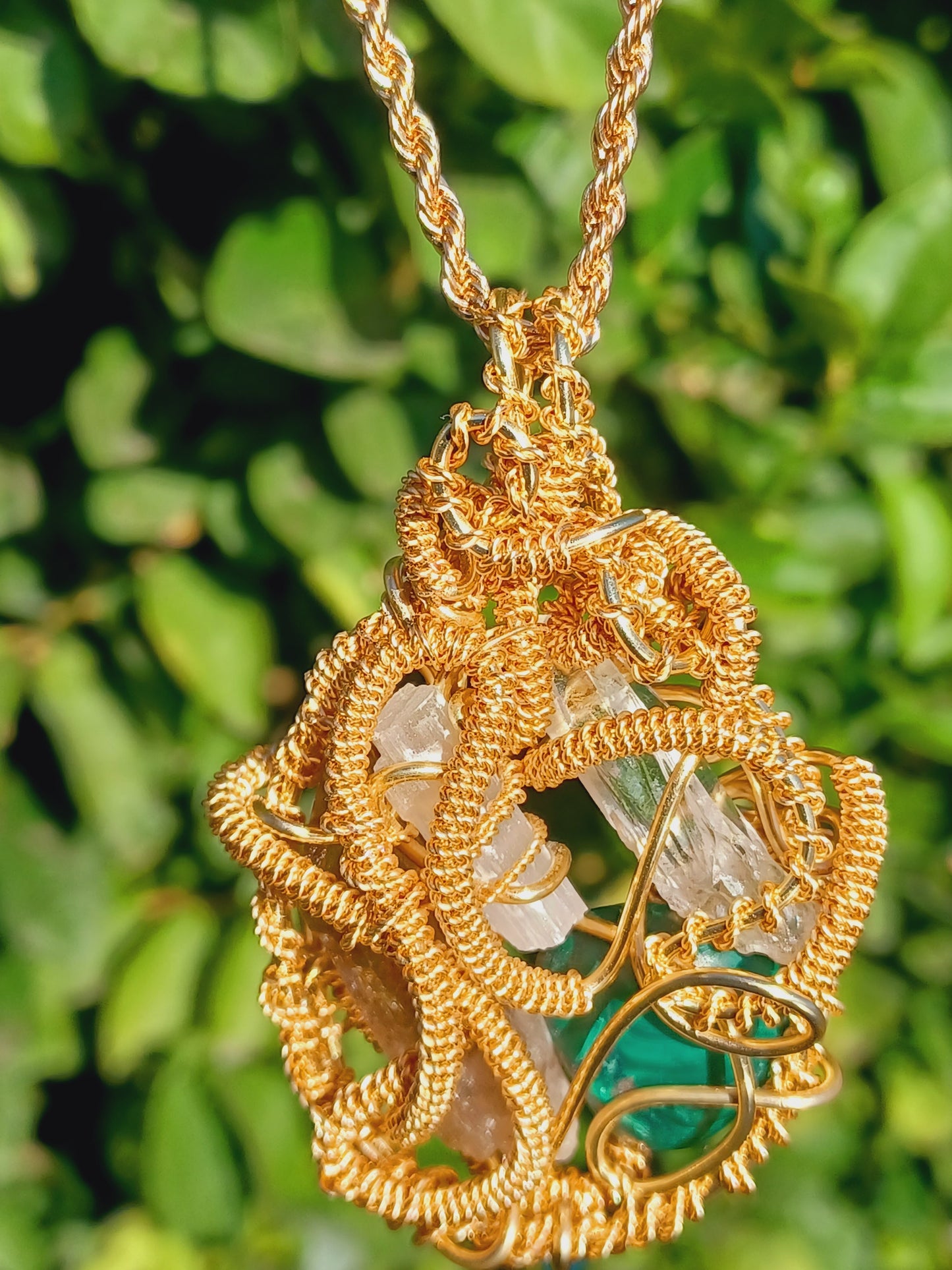 CombinationSmoky Quartz,  Malachite, Selenite, Clear Quartz Point Combination Pendant "Flow"