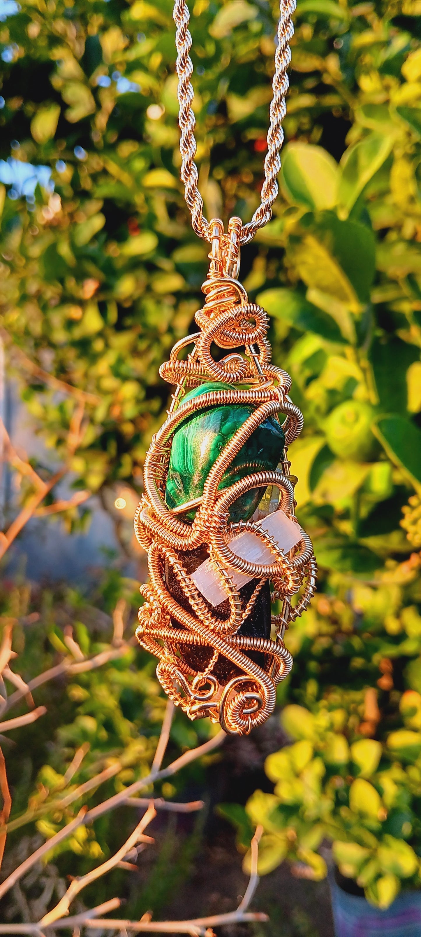 Malachite, Shungite, Selenite,Clear Quartz Point Pendant Necklace