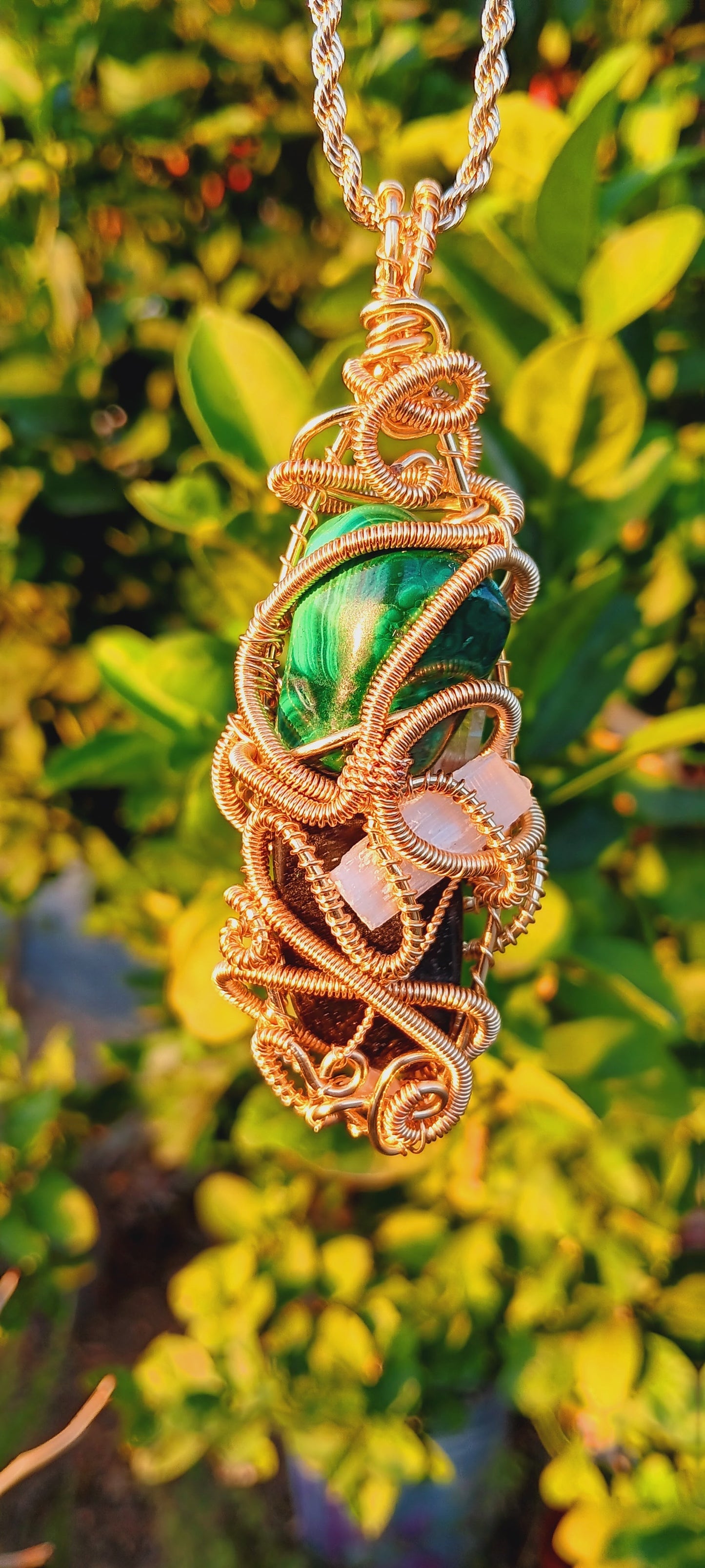 Malachite, Shungite, Selenite,Clear Quartz Point Pendant Necklace