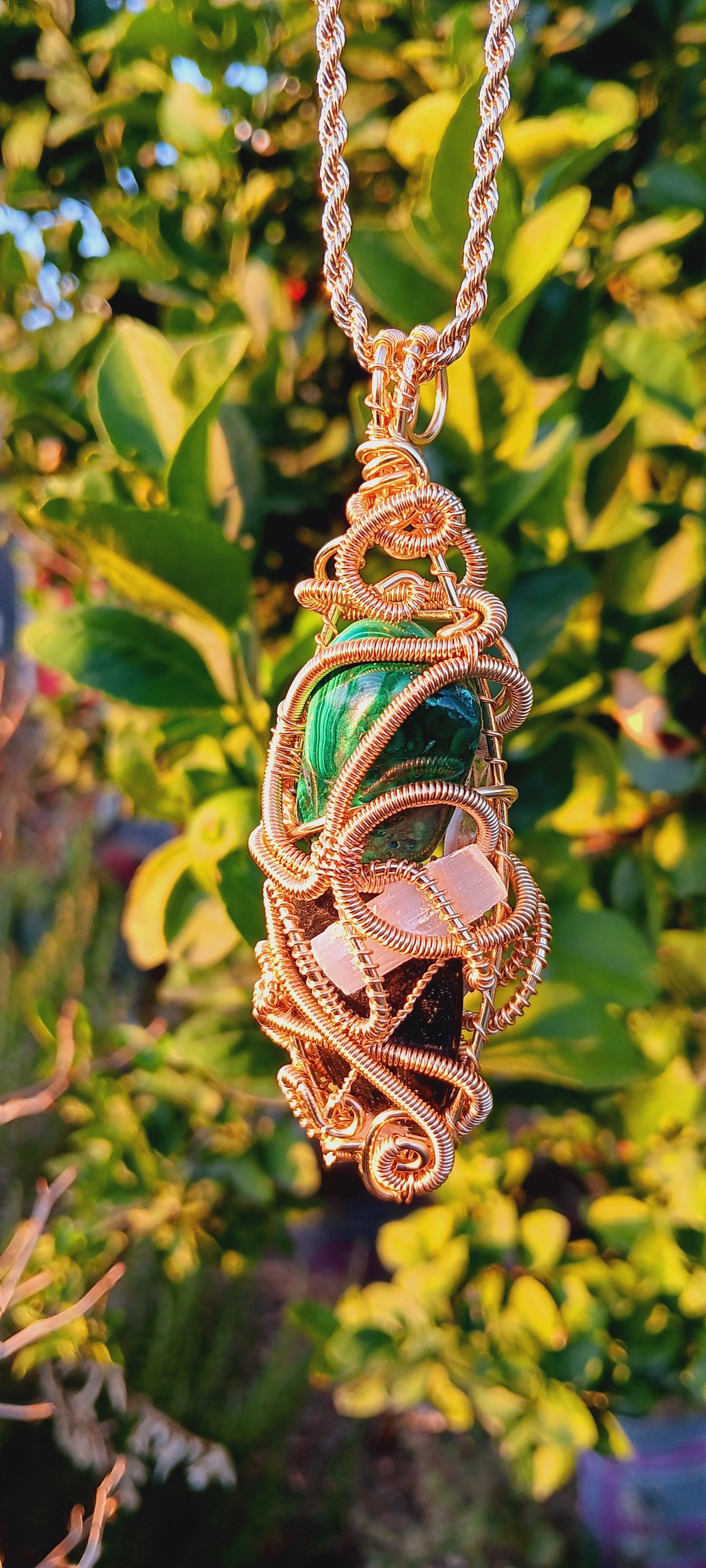 Malachite, Shungite, Selenite,Clear Quartz Point Pendant Necklace