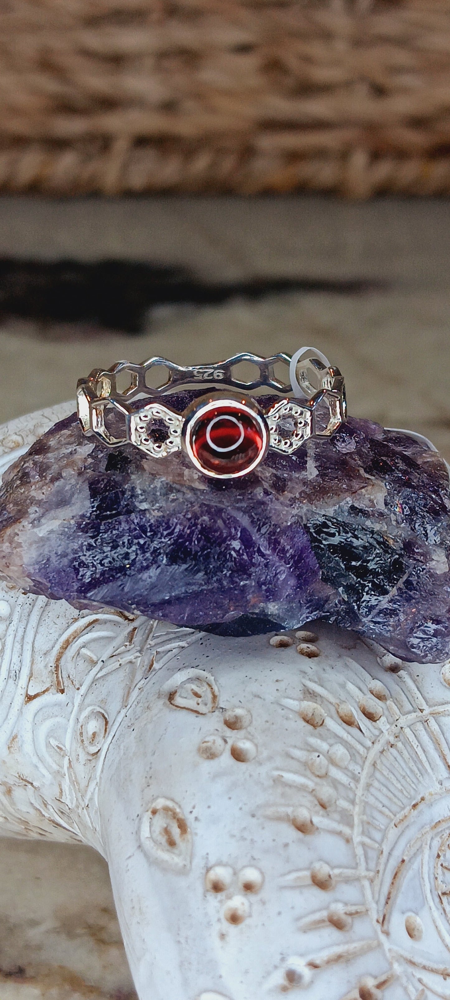 Genuine Round Polished Red Garnet Ring in .925 Sterling Silver