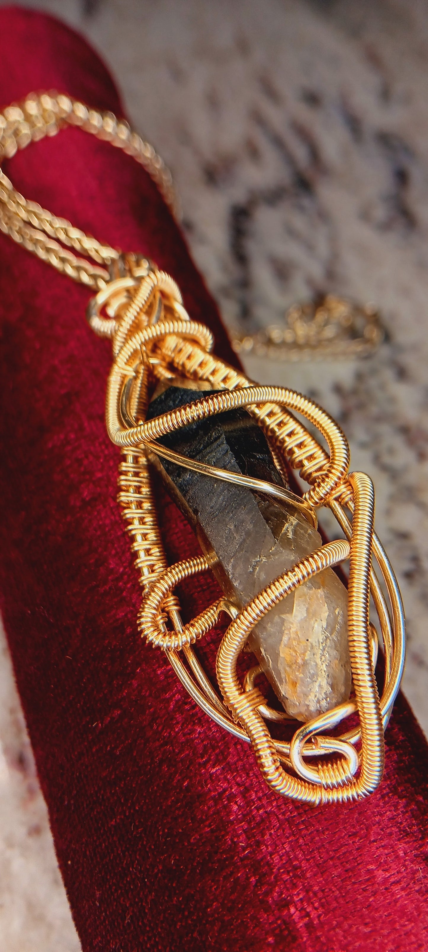 The Earthbound Guardian Smoky Quartz Pendant - Gold Plated Copper Wire Wrap