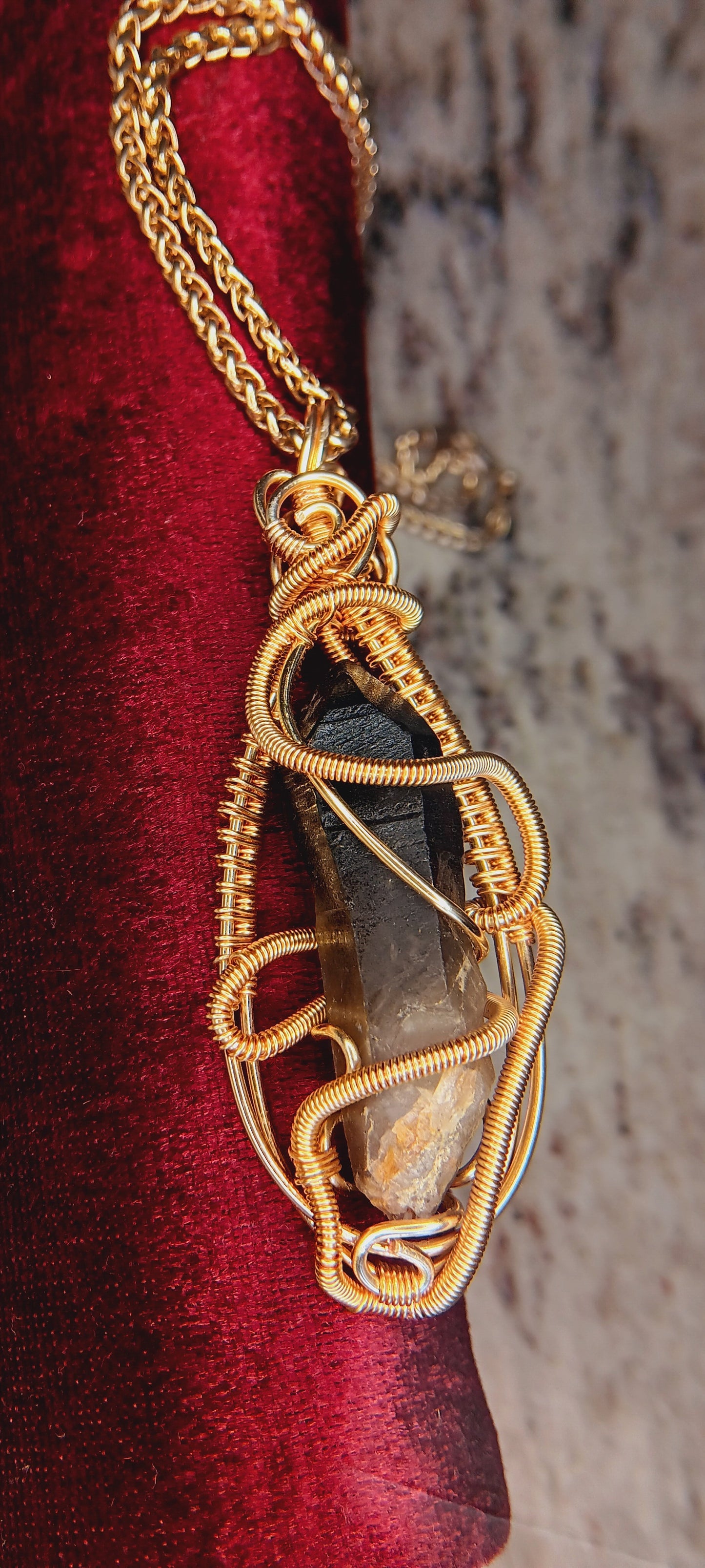 The Earthbound Guardian Smoky Quartz Pendant - Gold Plated Copper Wire Wrap