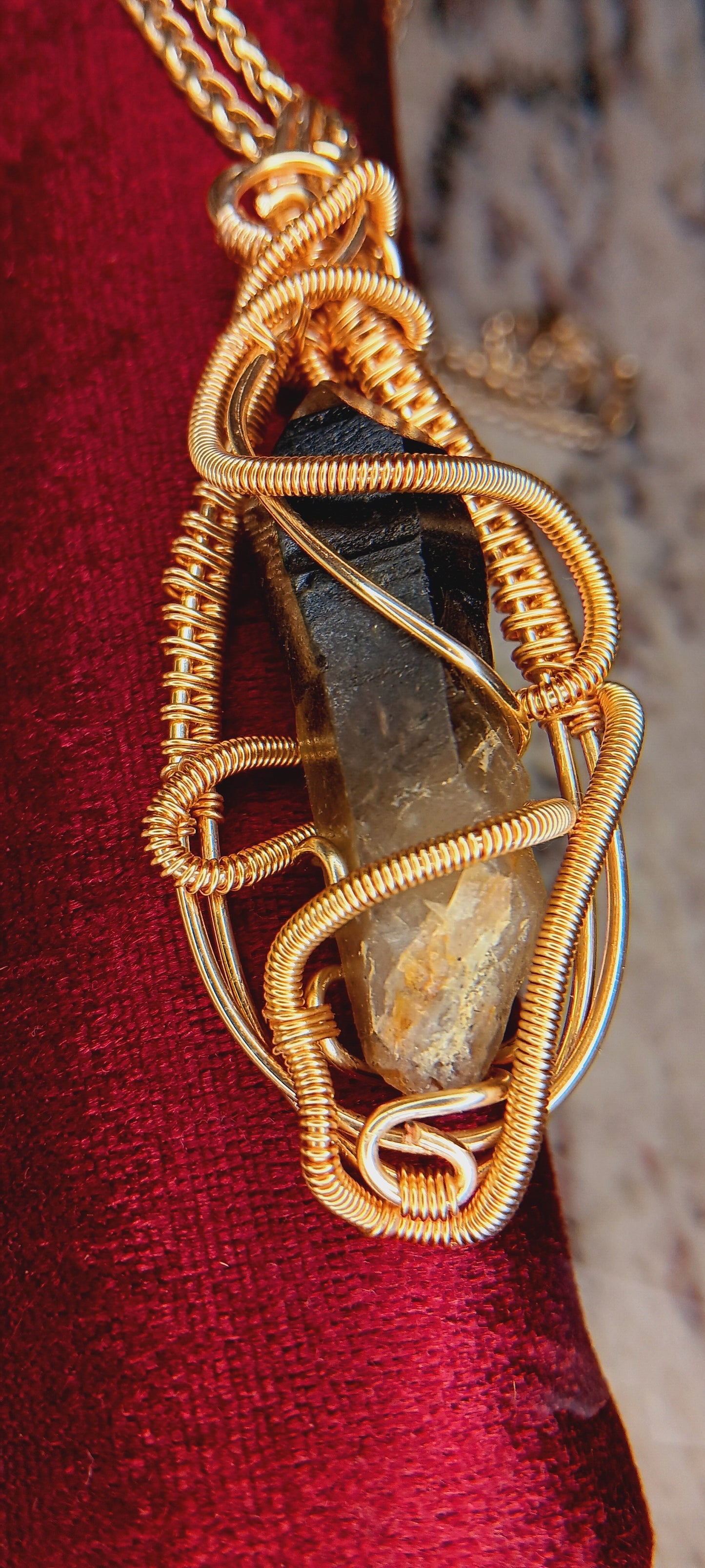 The Earthbound Guardian Smoky Quartz Pendant - Gold Plated Copper Wire Wrap
