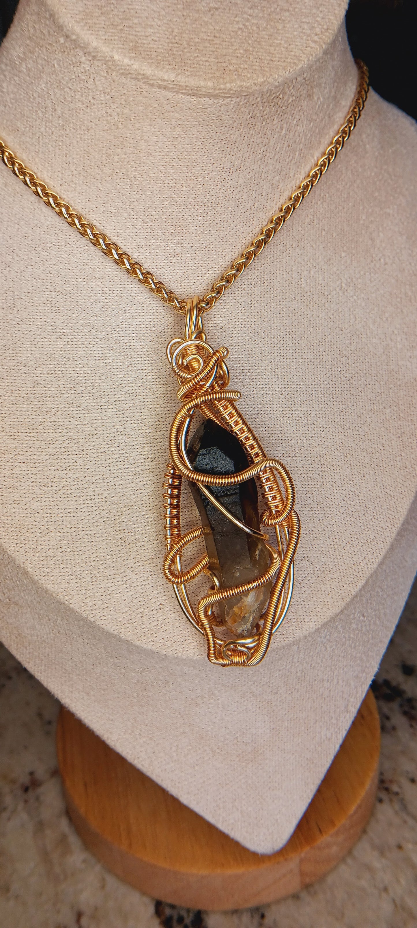 The Earthbound Guardian Smoky Quartz Pendant - Gold Plated Copper Wire Wrap