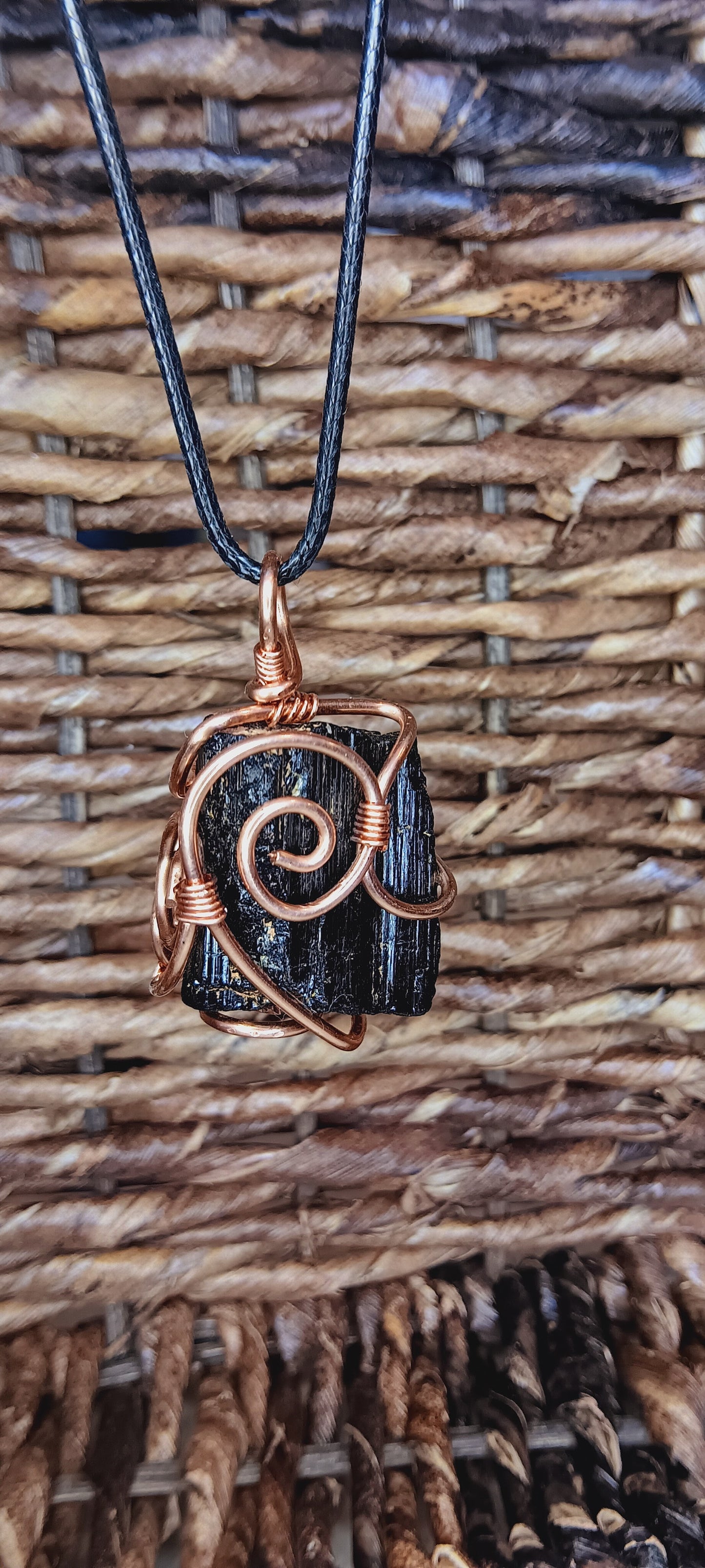 Black Tourmaline Crystal Necklace | Copper Wire Wrapped on Leather Cord | Grounding Protection Jewelry