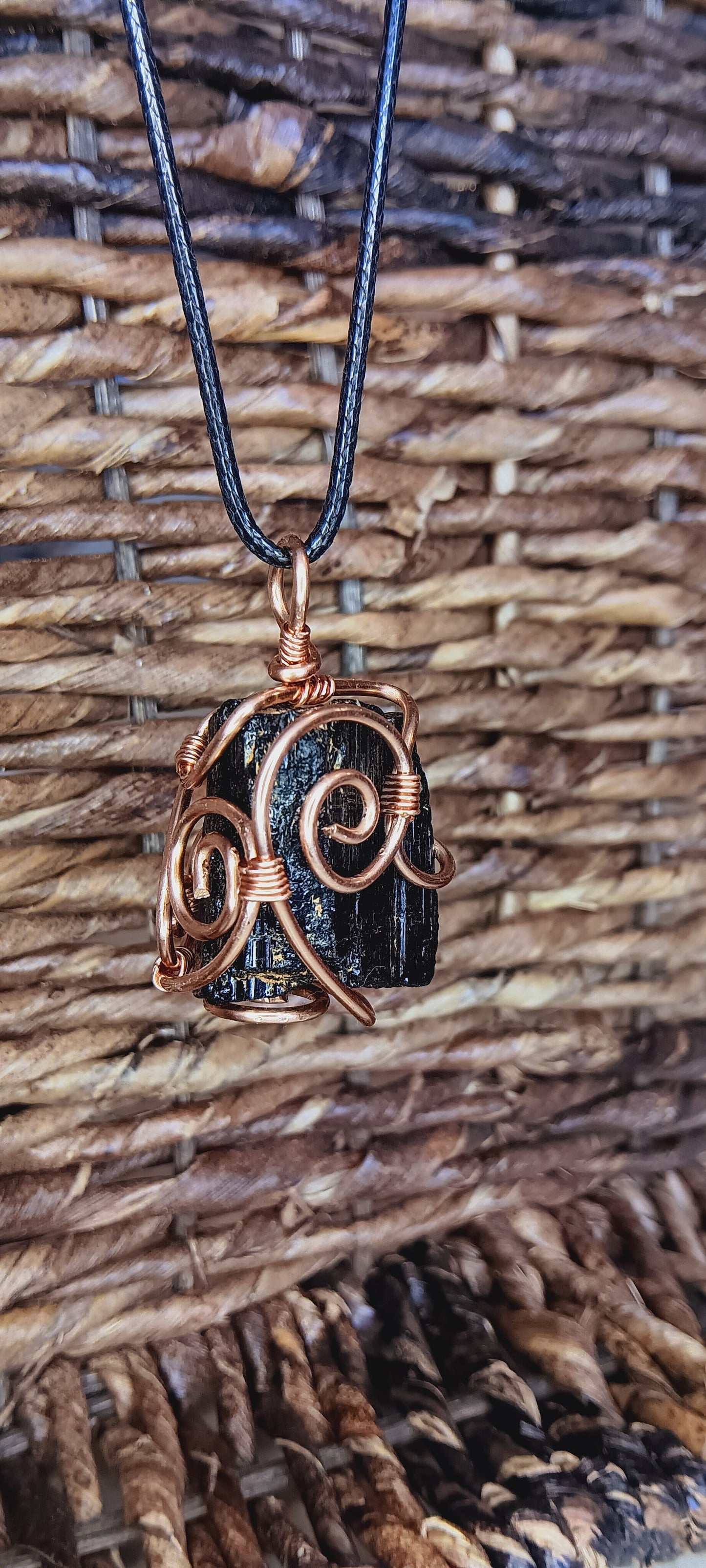 Black Tourmaline Crystal Necklace | Copper Wire Wrapped on Leather Cord | Grounding Protection Jewelry