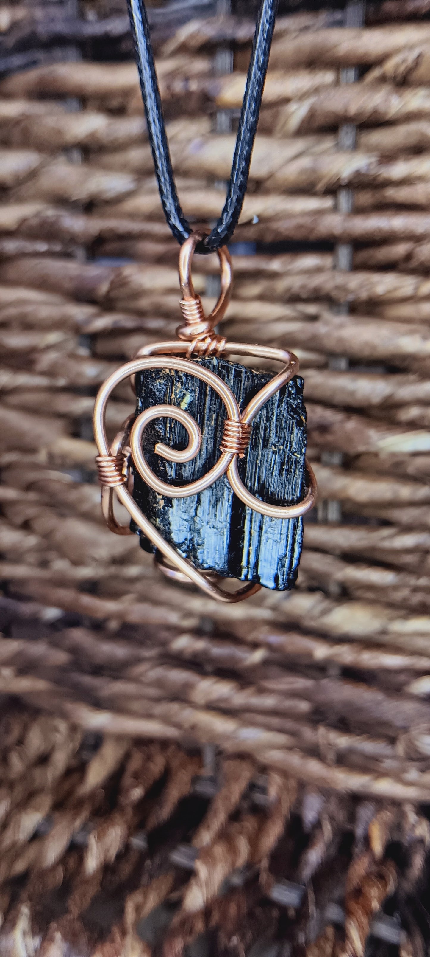 Black Tourmaline Crystal Necklace | Copper Wire Wrapped on Leather Cord | Grounding Protection Jewelry