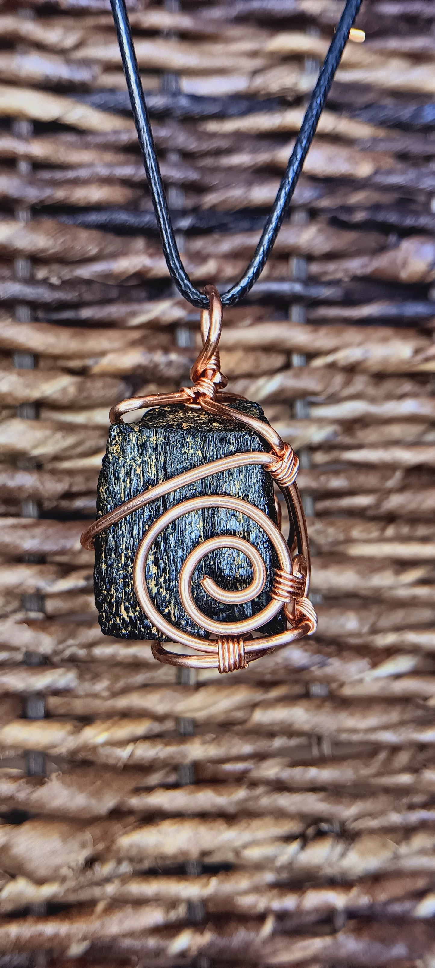 Black Tourmaline Crystal Necklace | Copper Wire Wrapped on Leather Cord | Grounding Protection Jewelry