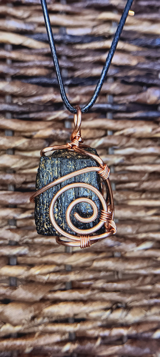 Black Tourmaline Crystal Necklace | Copper Wire Wrapped on Leather Cord | Grounding Protection Jewelry