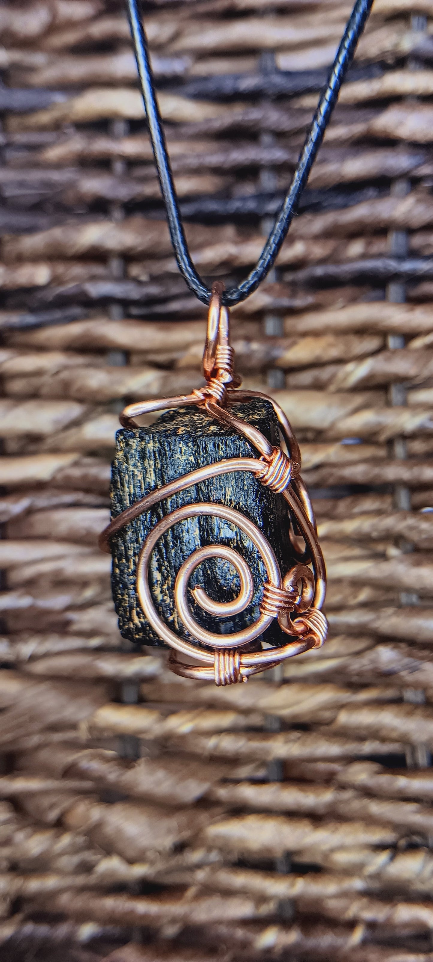 Black Tourmaline Crystal Necklace | Copper Wire Wrapped on Leather Cord | Grounding Protection Jewelry